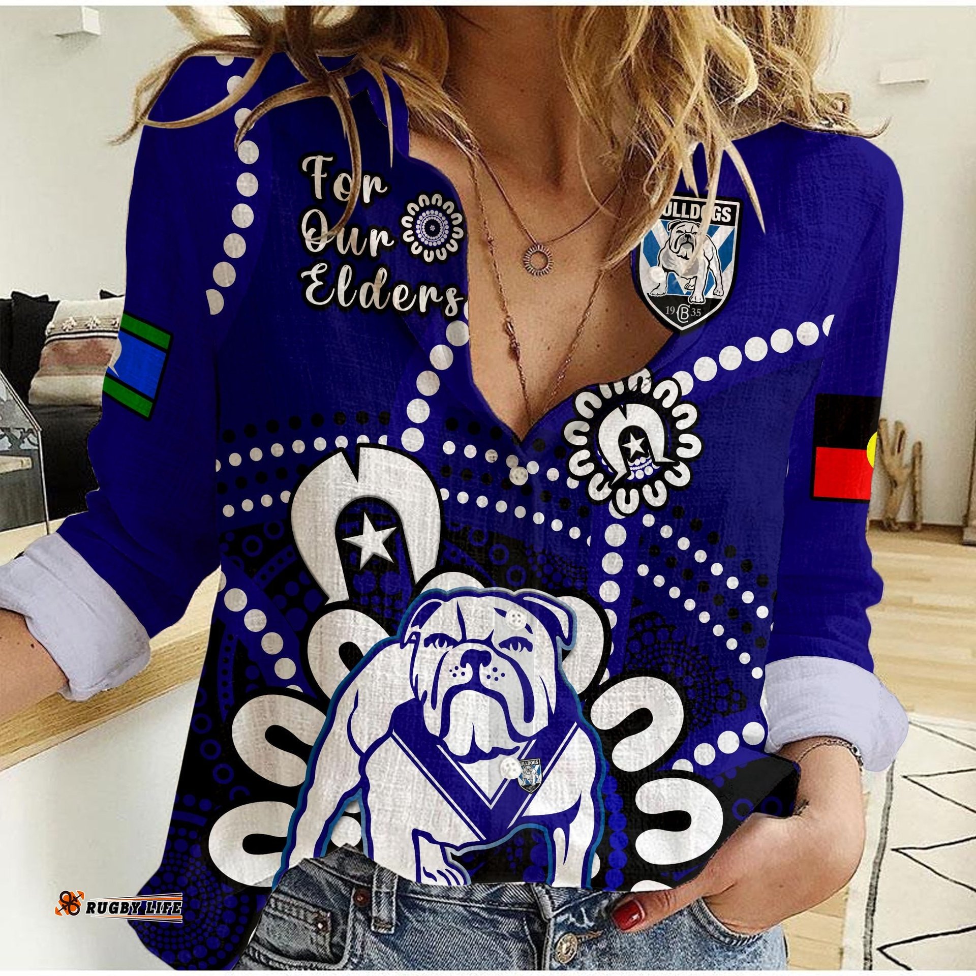 Custom Text And Number Bulldogs Rugby NAIDOC 2023 Women Casual Shirt For Our Elders Aboriginal