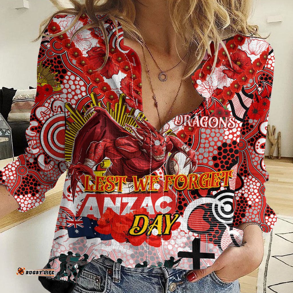 Personalised Dragons ANZAC Day Women Casual Shirt Aboriginal Rising Sun