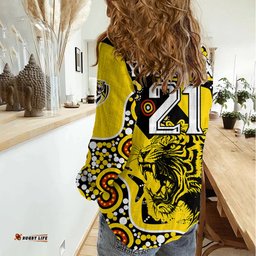Custom Text And Number Richmond Tigers Football Women Casual Shirt Angry Tiger Roaring Aboriginal Boomerang and Dots Art