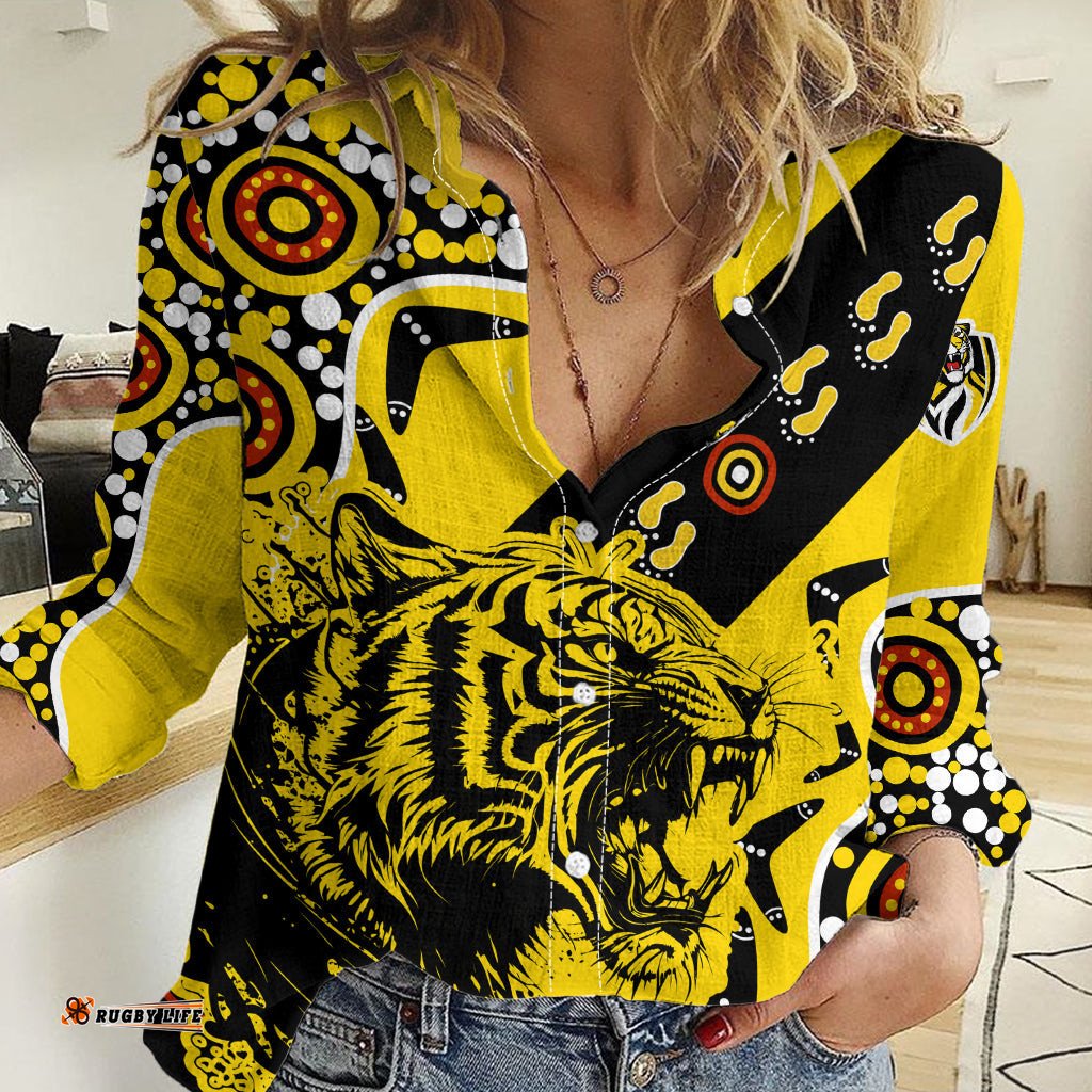 Custom Text And Number Richmond Tigers Football Women Casual Shirt Angry Tiger Roaring Aboriginal Boomerang and Dots Art