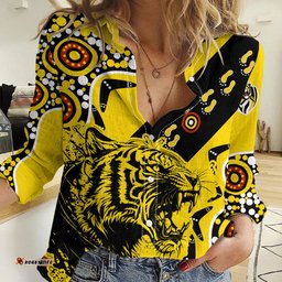 Custom Text And Number Richmond Tigers Football Women Casual Shirt Angry Tiger Roaring Aboriginal Boomerang and Dots Art