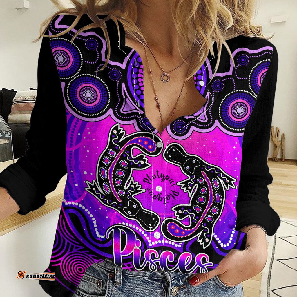 Personalised Australia Pisces Platypus Zodiac Women Casual Shirt Auz Astrology Aboriginal - Magenta