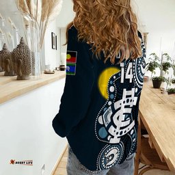 Custom Text And Number Carlton Football NAIDOC 2023 Women Casual Shirt Blues For Our Elders Indigenous Art