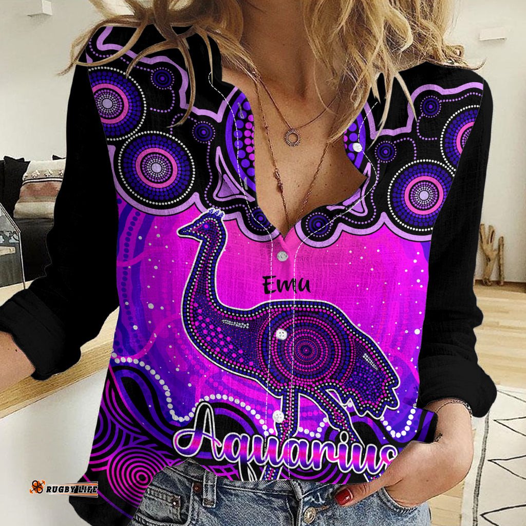 Personalised Australia Aquarius Emu Zodiac Women Casual Shirt Auz Astrology Aboriginal - Magenta