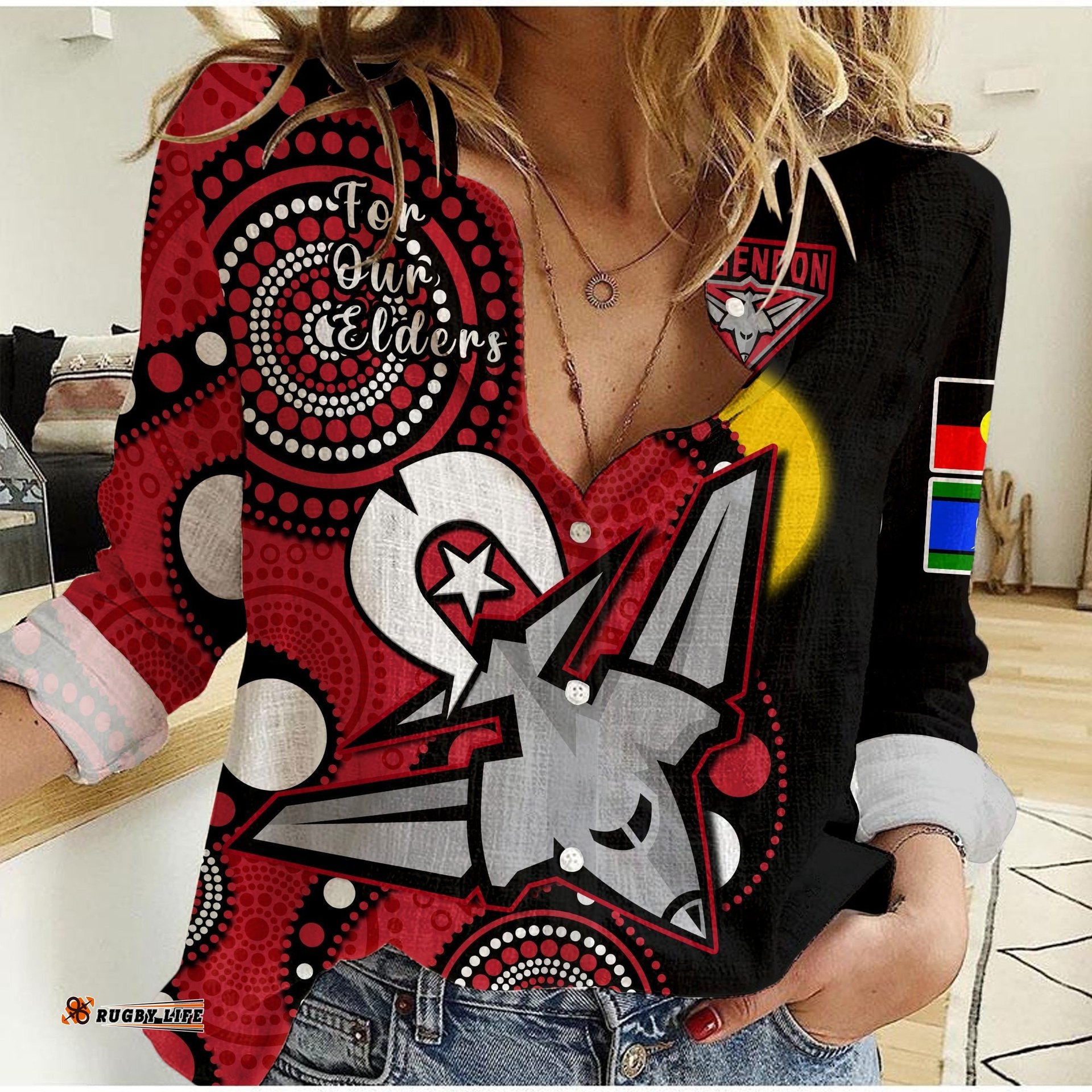 Essendon Football NAIDOC 2023 Women Casual Shirt Bombers For Our Elders Indigenous Art