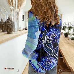 Australia Women Casual Shirt Aussie Opal Pattern With Lizard Aboriginal Art - Turquoise