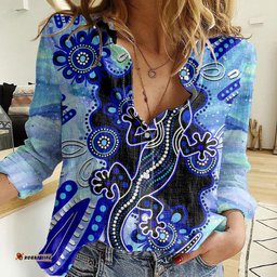 Australia Women Casual Shirt Aussie Opal Pattern With Lizard Aboriginal Art - Turquoise