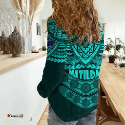 Matildas Soccer Women Casual Shirt Polynesian and Aboriginal Turquoise Vibe