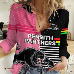 Custom Text And Number Penrith Panthers Rugby Women Casual Shirt Proud The Panthers Comeback Black and Pink