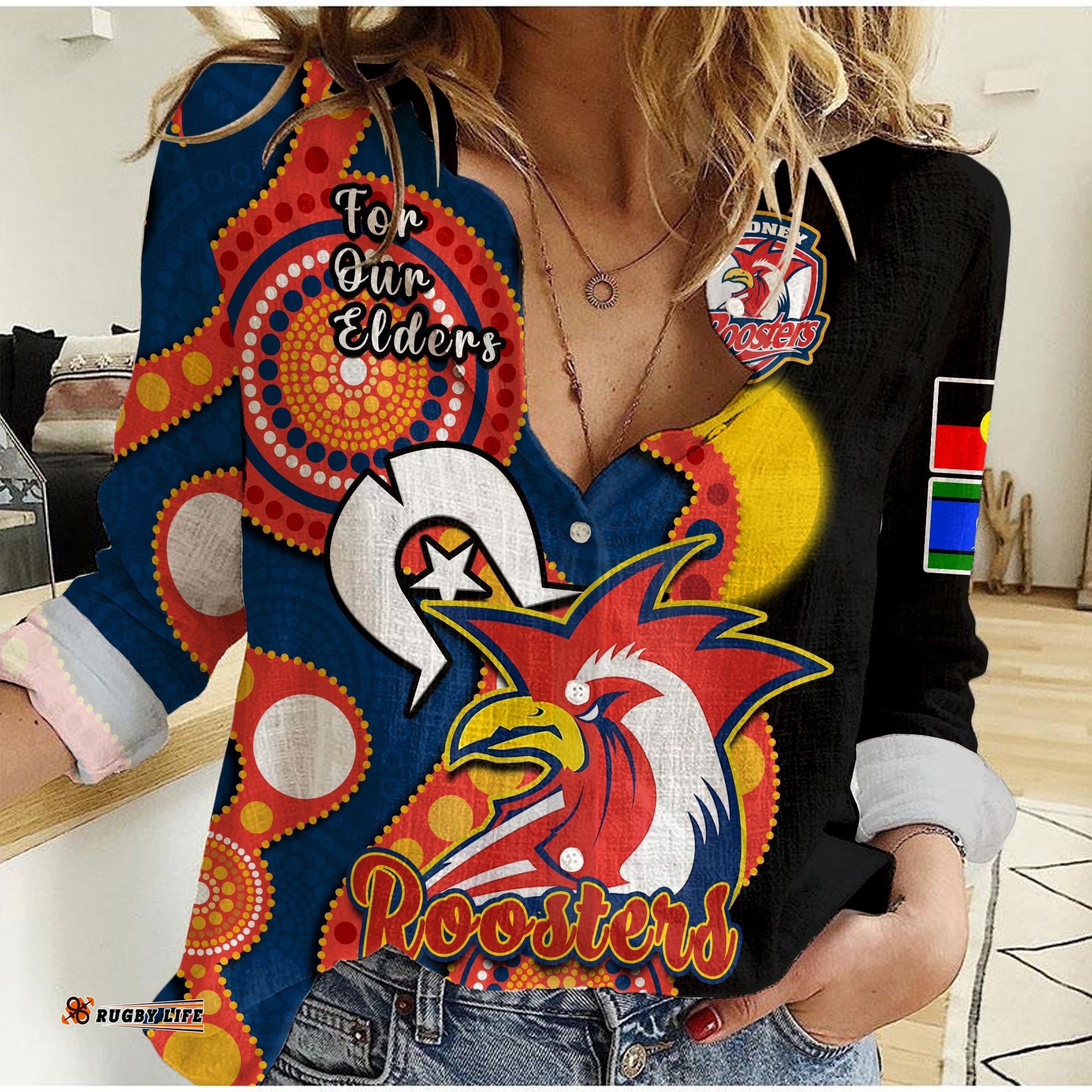 Custom Text And Number Roosters Rugby NAIDOC 2023 Women Casual Shirt Tricolours For Our Elders Indigenous Art