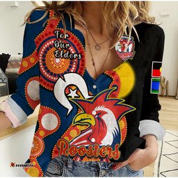 Custom Text And Number Roosters Rugby NAIDOC 2023 Women Casual Shirt Tricolours For Our Elders Indigenous Art