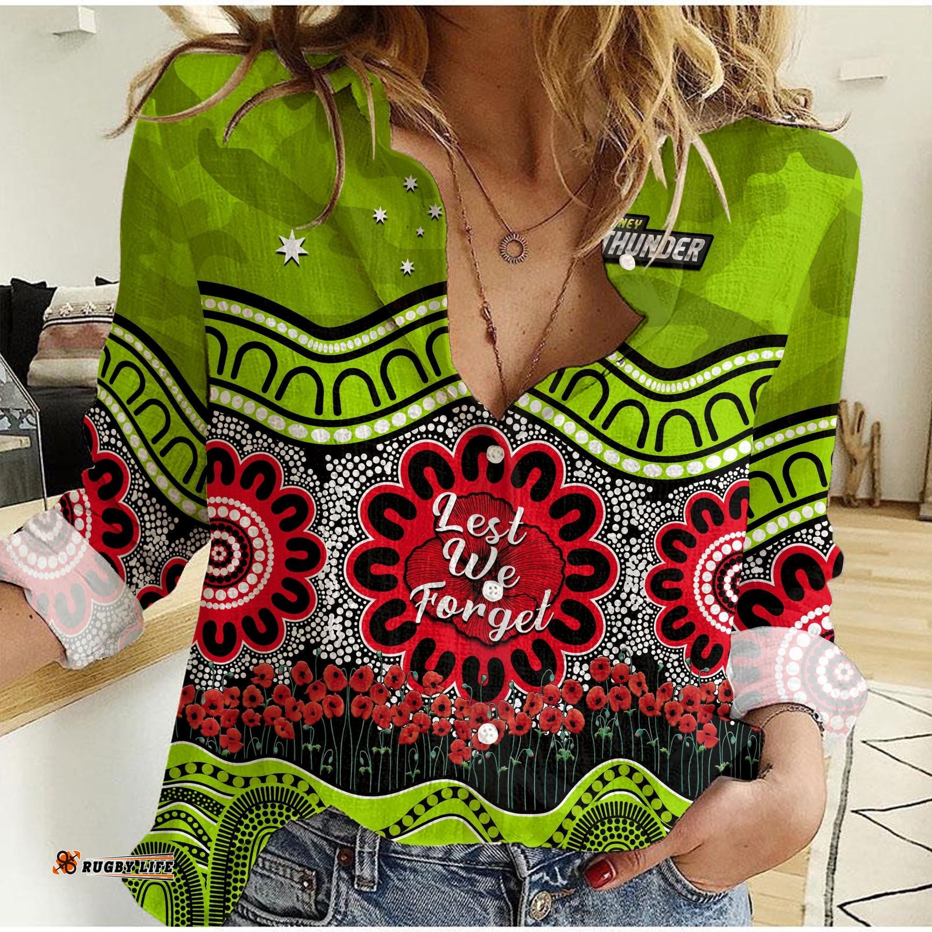 Thunder Cricket ANZAC Women Casual Shirt Poppy Sydney Aboriginal Camouflage