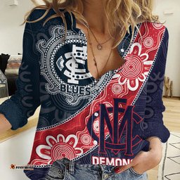 Personalised Demons And Blues Football Women Casual Shirt Aboriginal Art