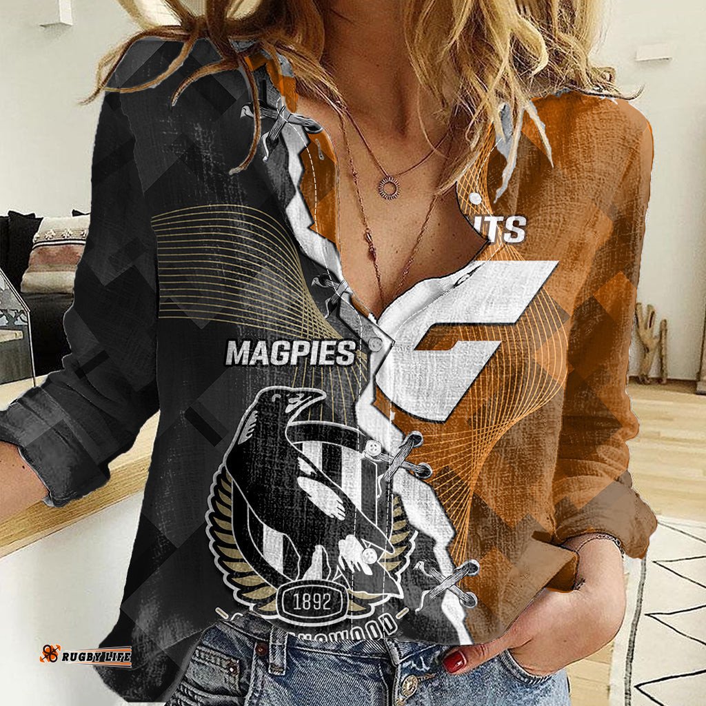 Personalised Collingwood And Giants Football Women Casual Shirt 2023 Together Sporty Style