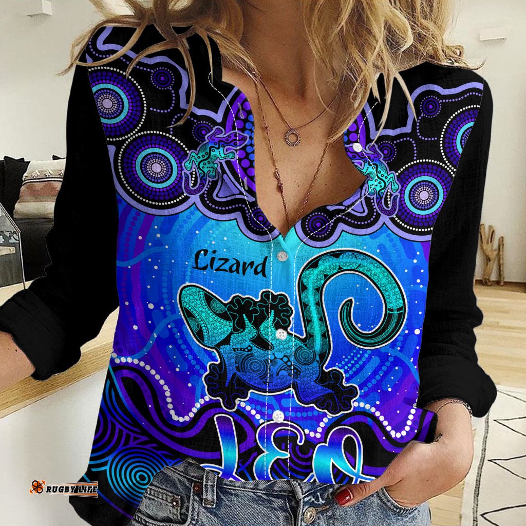 Personalised Australia Leo Lizard Zodiac Women Casual Shirt Auz Astrology Aboriginal - Blue