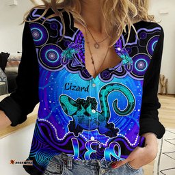 Personalised Australia Leo Lizard Zodiac Women Casual Shirt Auz Astrology Aboriginal - Blue