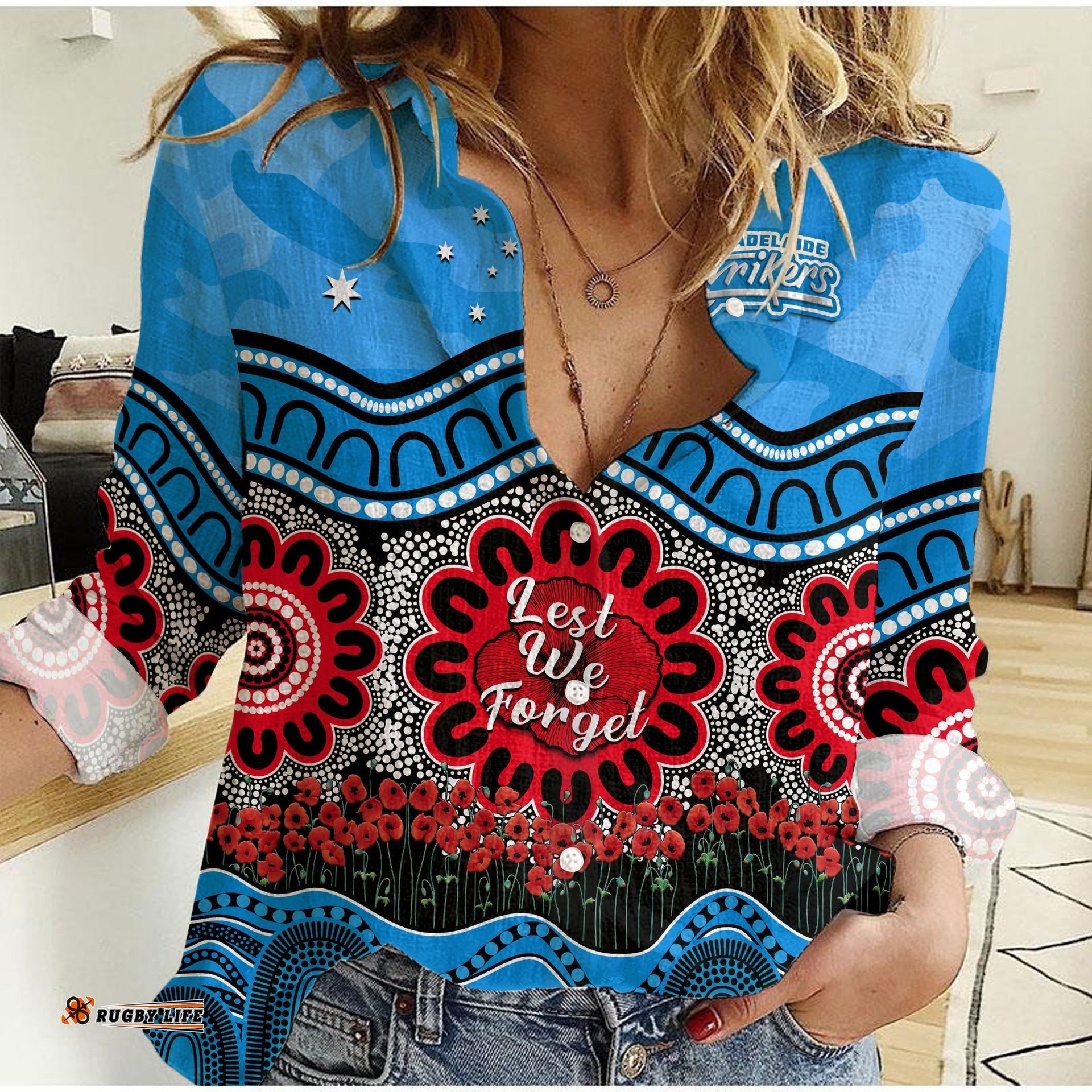 Custom Text And Number Adelaide Strikers Cricket ANZAC Women Casual Shirt Poppy Aboriginal Camouflage