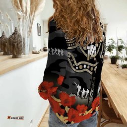Custom Text And Number Collingwood Football ANZAC 2023 Women Casual Shirt Aboriginal Mix Poppy Camouflage