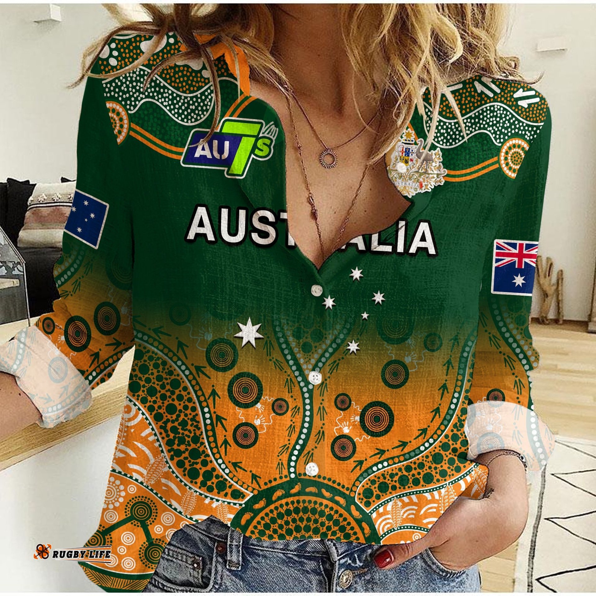 Australia Rugby Women Casual Shirt Aussie Sevens Green Indigenous
