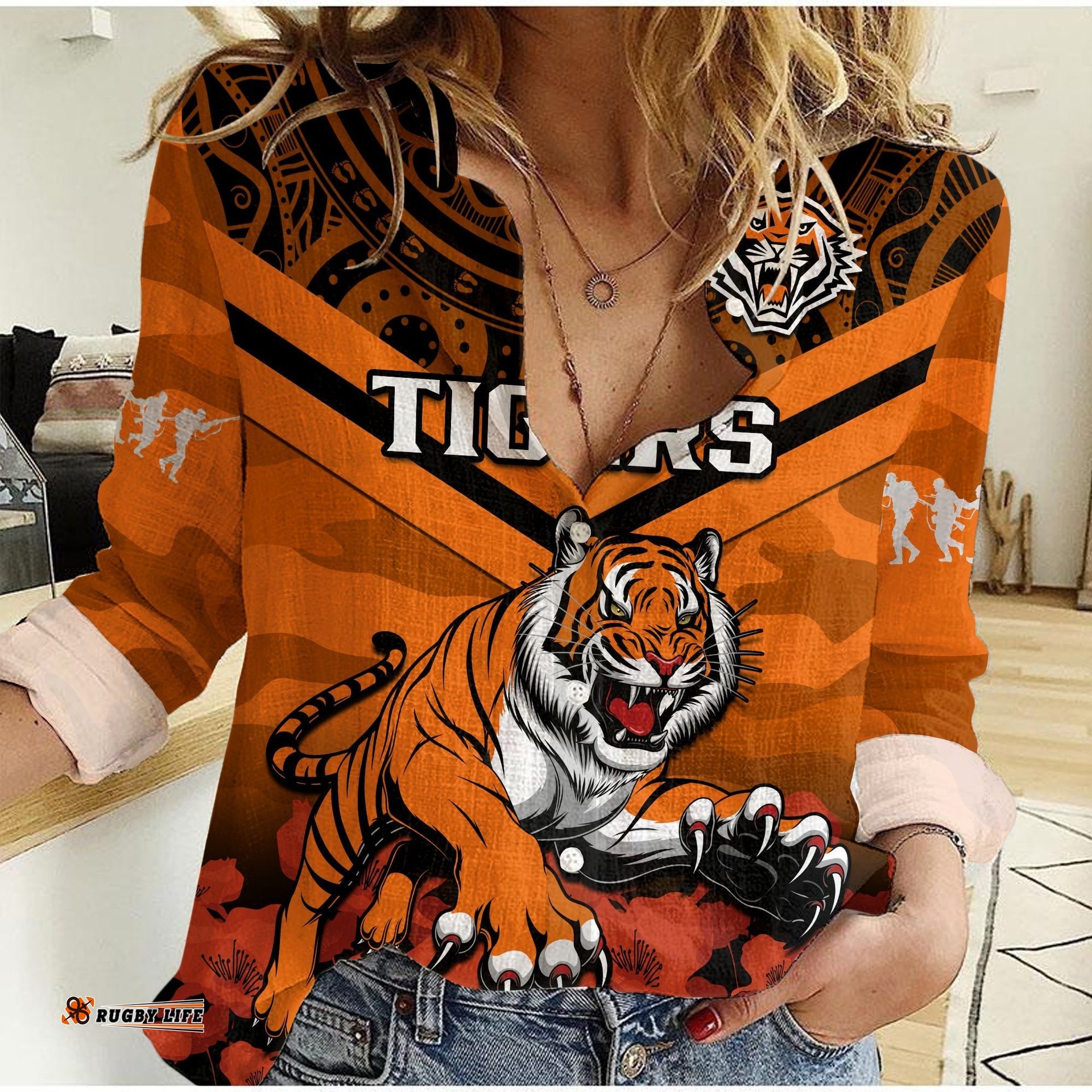 Tigers Rugby ANZAC 2023 Rugby Women Casual Shirt Camouflage Mix Indigenous