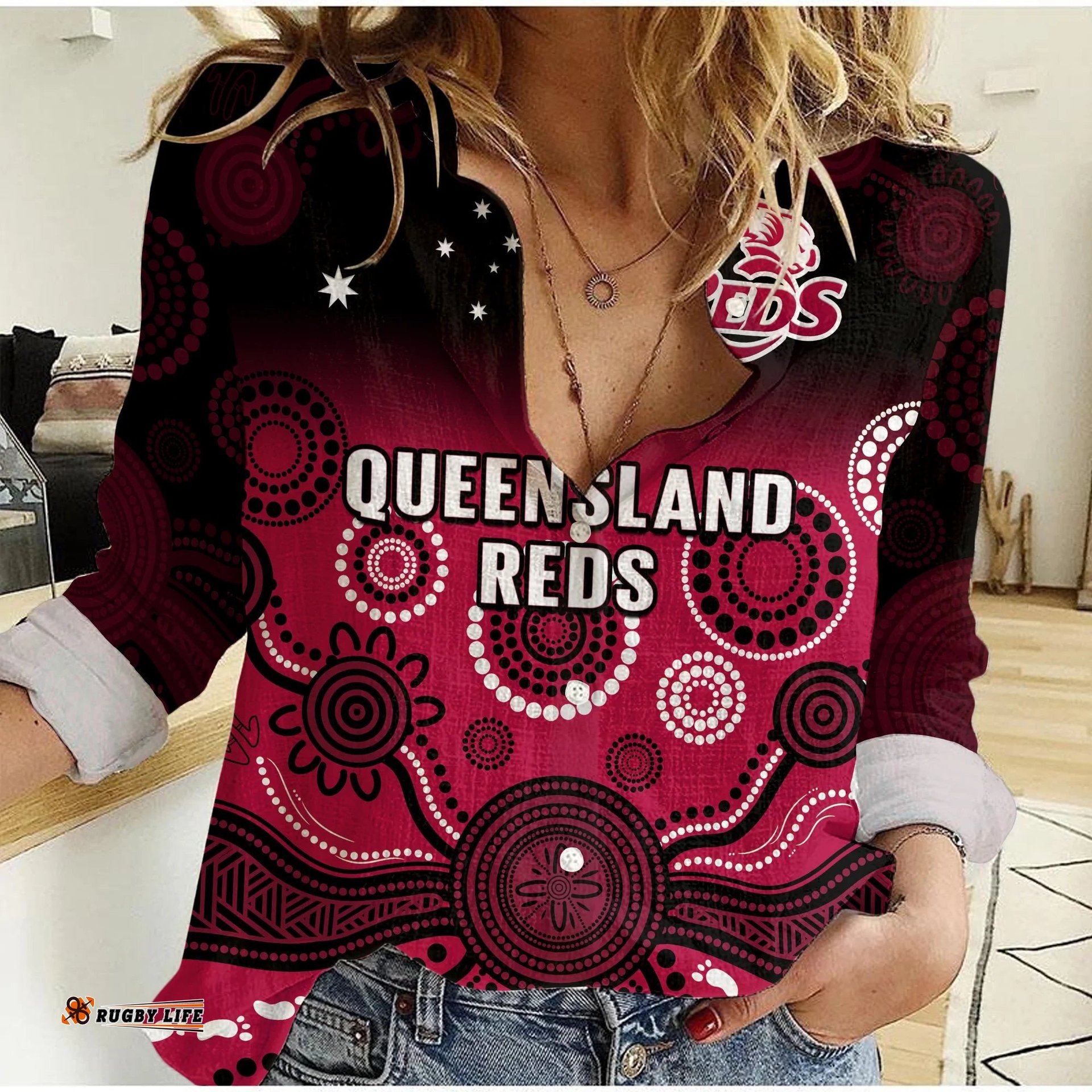 Custom Text And Number Queensland Reds Rugby Women Casual Shirt Gradient Aboriginal