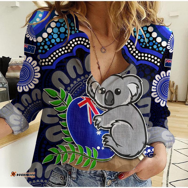 Australia Koala Aboriginal Women Casual Shirt Koala Hugging Rugby Ball Blue