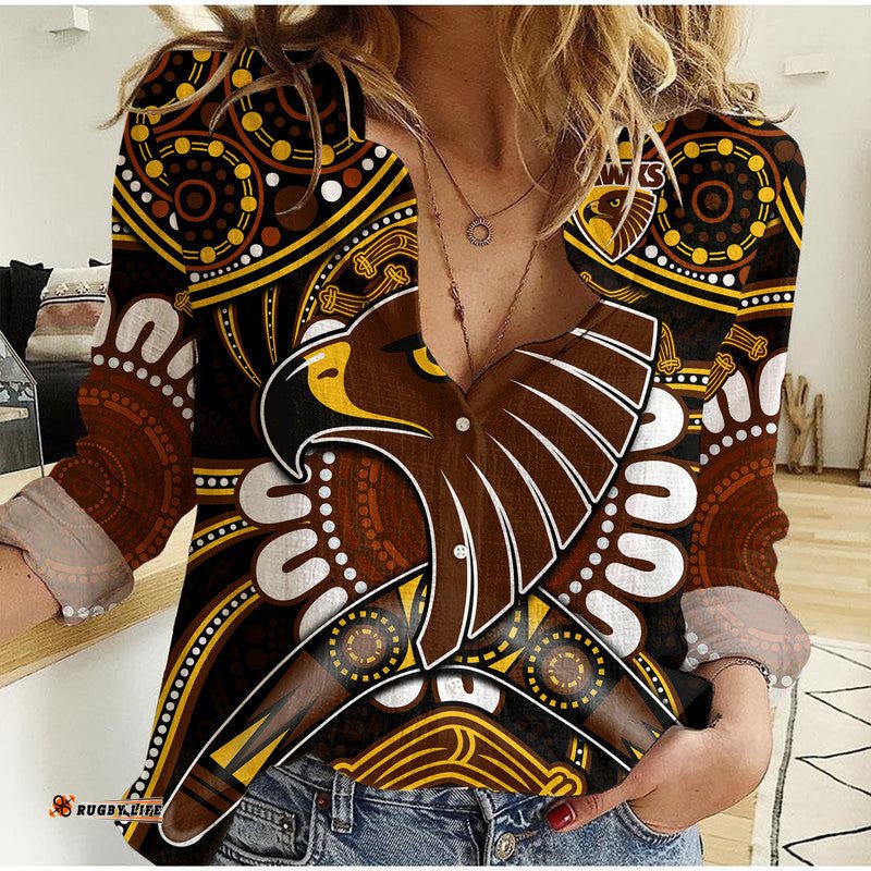 Custom Personalised Hawks Football Women Casual Shirt Boomerang Indigenous Dots