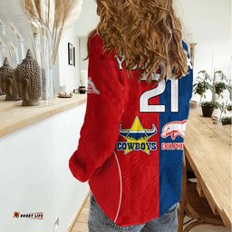 Custom Text And Number NRL Half Dolphins and Half Cowboys Rugby Women Casual Shirt Sporty Style