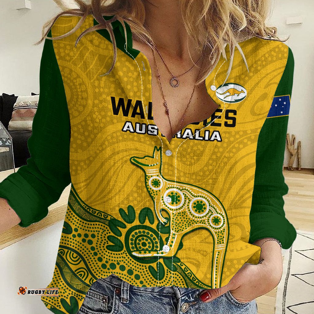 Custom Australia Rugby Women Casual Shirt Wallabies 2023 Kangaroo Indigenous Art