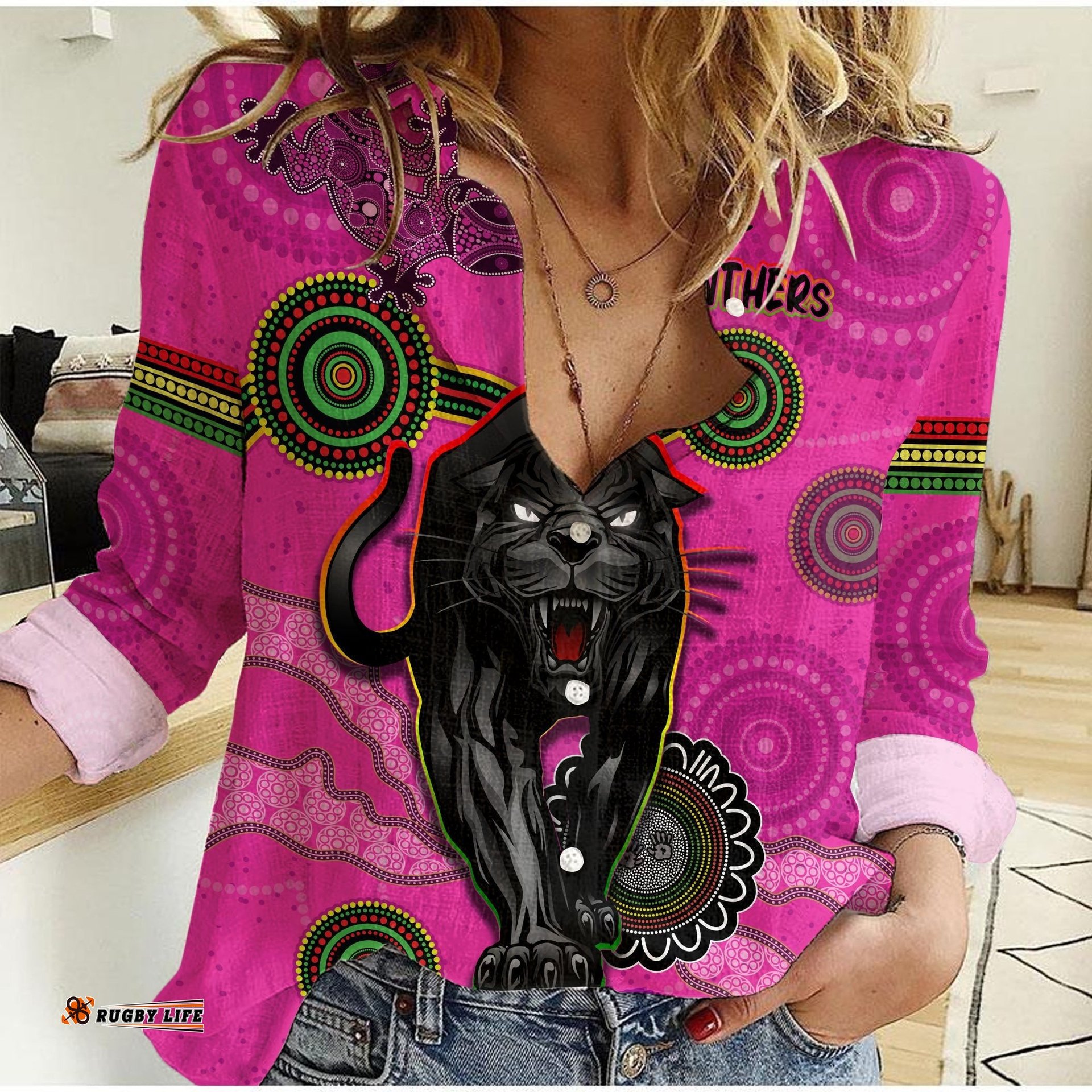 Custom Personalised Panthers Women Casual Shirt Aboriginal with Lizard