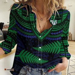 Custom Warriors Rugby Women Casual Shirt Aotearoa Fern Polynesian Pattern