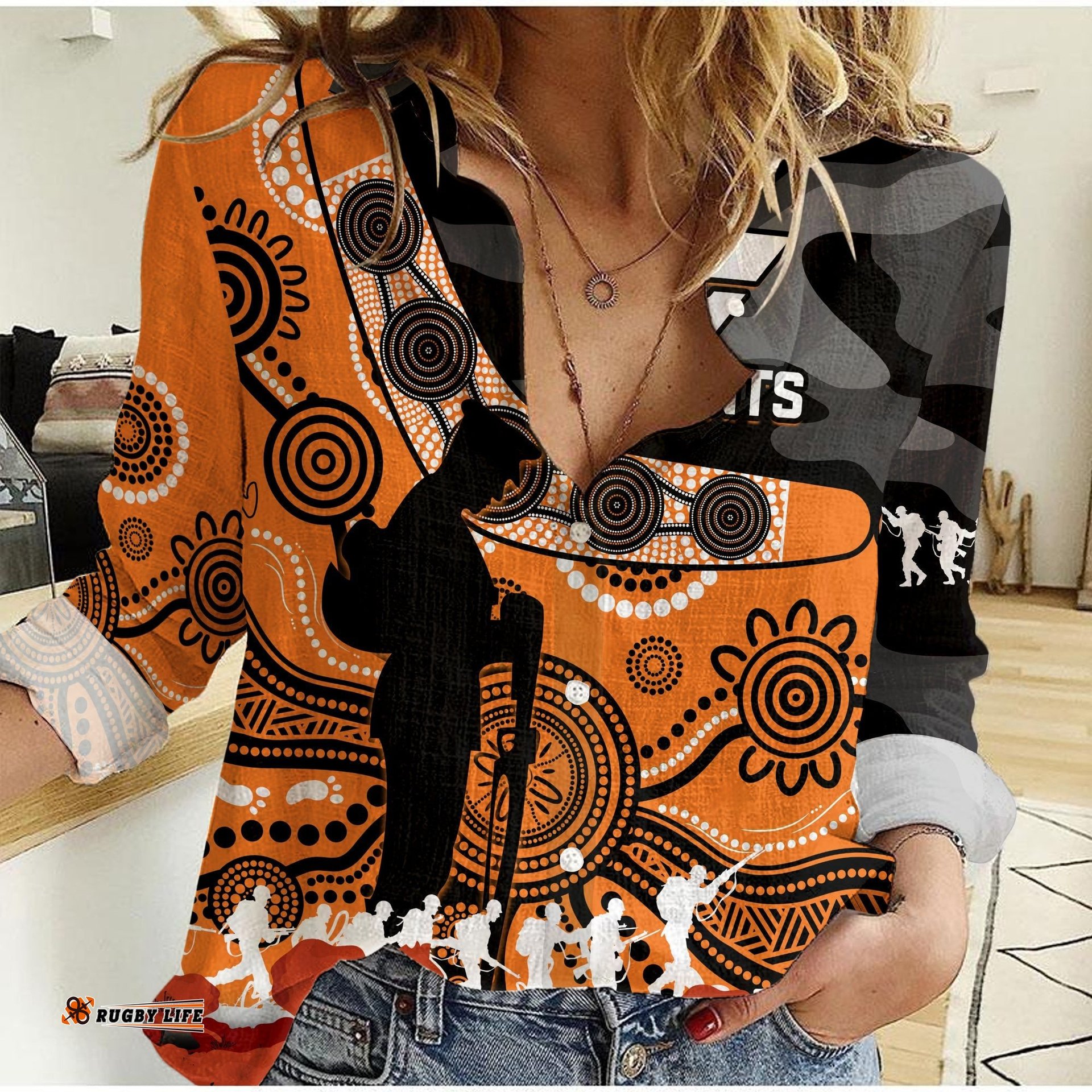 Custom Text And Number Giants Football ANZAC 2023 Women Casual Shirt GWS Aboriginal Mix Poppy Camouflage