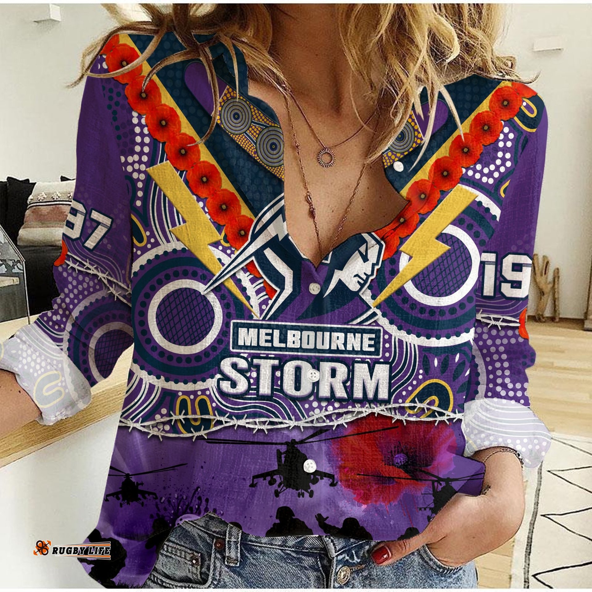 Custom Text And Number Melbourne Storm Rugby ANZAC Women Casual Shirt Indigenous Poppy Australian Army