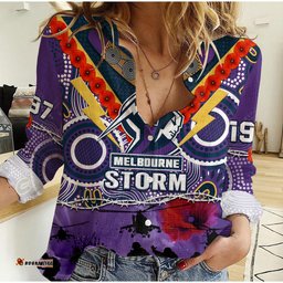 Custom Text And Number Melbourne Storm Rugby ANZAC Women Casual Shirt Indigenous Poppy Australian Army