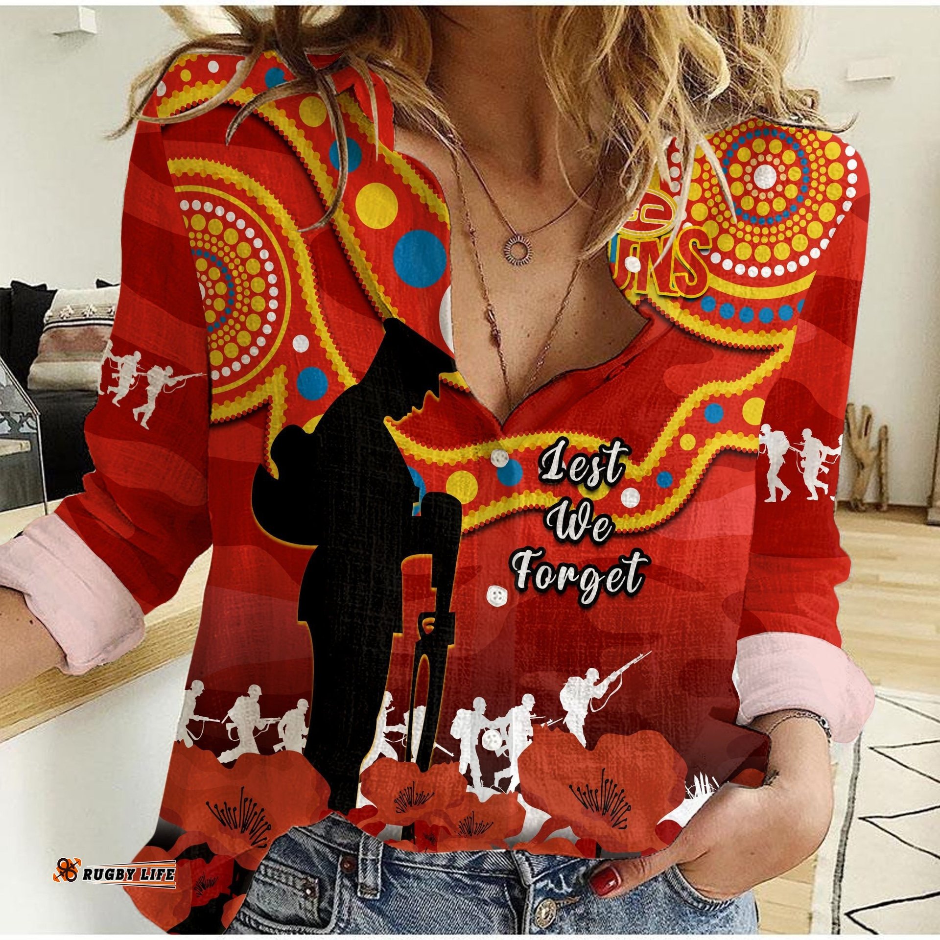 Gold Coast Football ANZAC 2023 Women Casual Shirt Suns Aboriginal Mix Poppy Camouflage