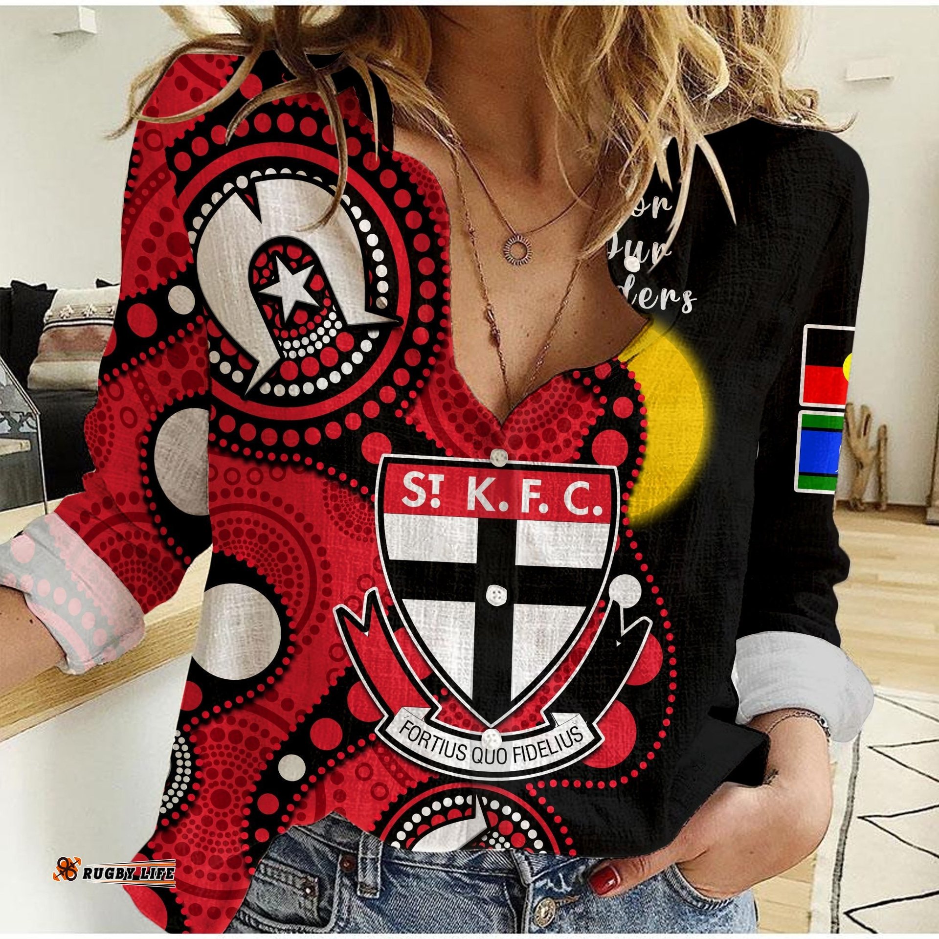 Custom Text And Number St Kilda Football NAIDOC 2023 Women Casual Shirt Saints Indigenous For Our Elders