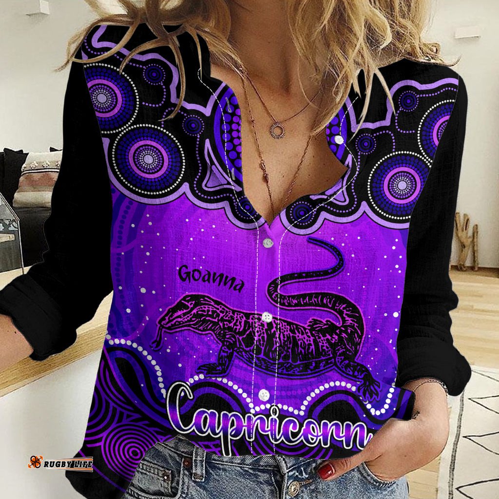 Personalised Australia Capricorn Goanna Zodiac Women Casual Shirt Auz Astrology Aboriginal - Purple