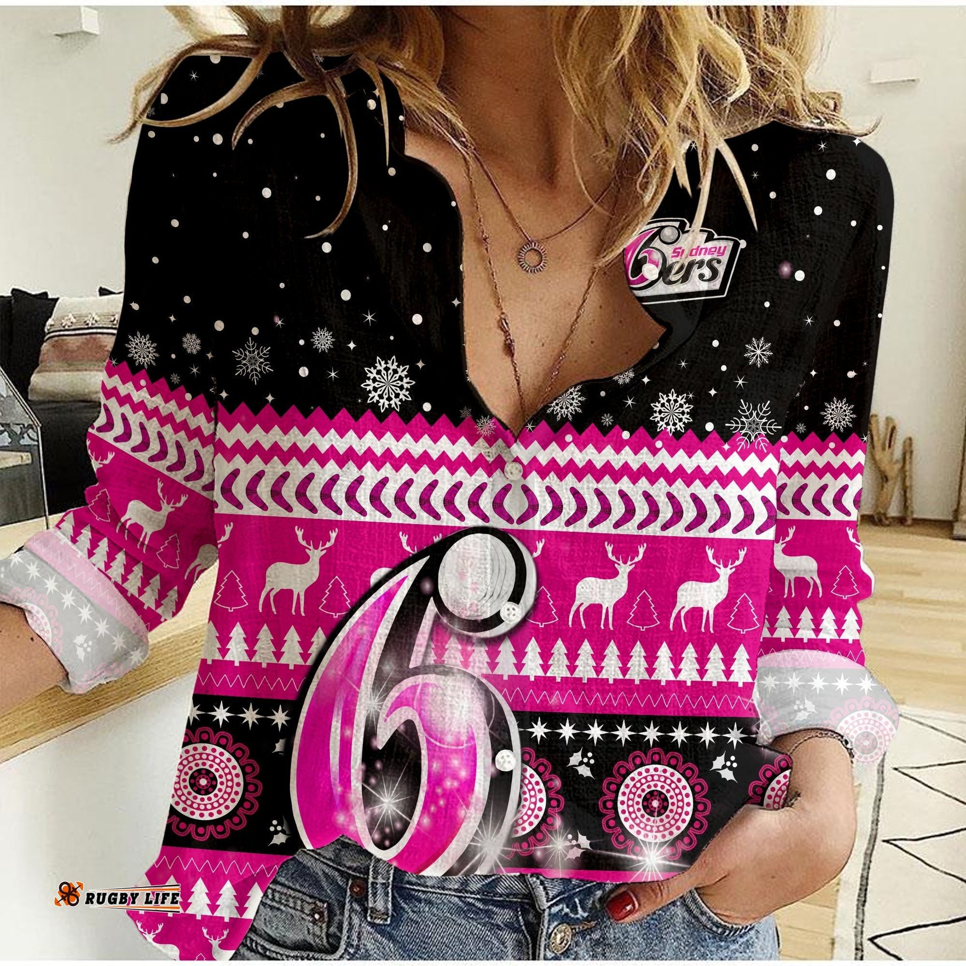 Custom Text and Number Sydney Sixers Cricket Women Casual Shirt Christmas Aboriginal