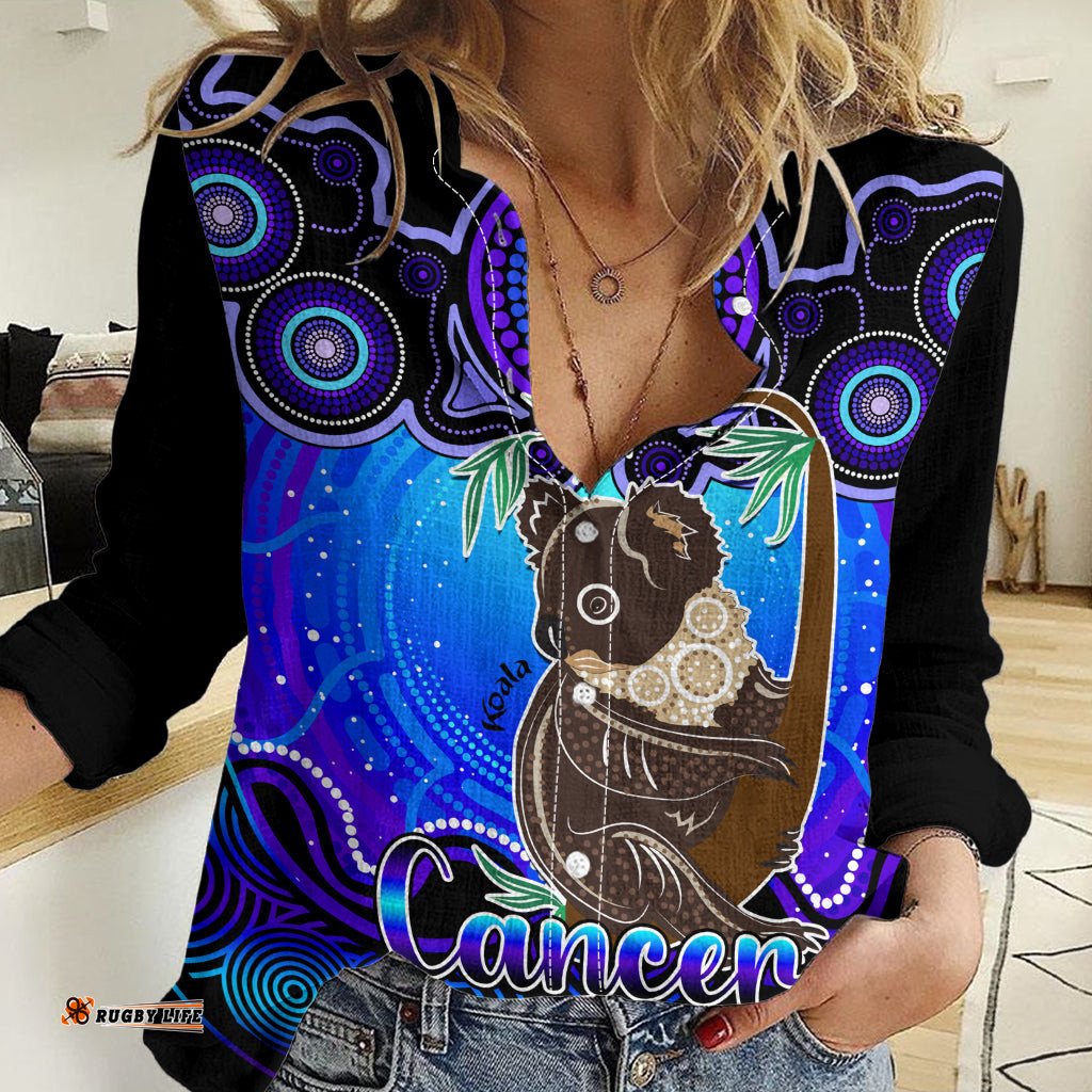 Personalised Australia Cancer Koala Zodiac Women Casual Shirt Auz Astrology Aboriginal - Blue