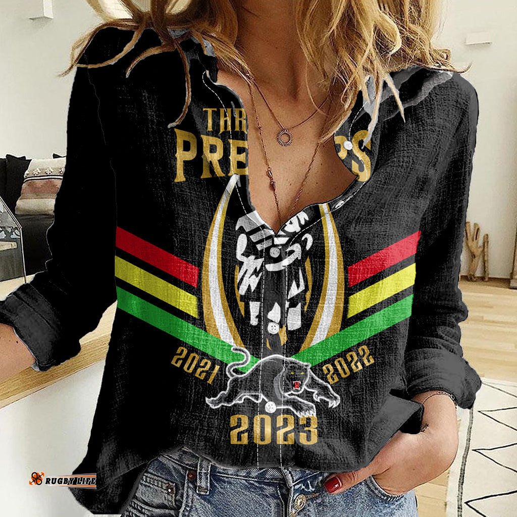 Personalised NRL Panthers Women Casual Shirt Premiers 2023 Three Peat Proud Of Our Boys Black