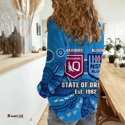 QLD Maroons and NSW Blues Rugby Women Casual Shirt State of Origin 2023 Indigenous Blue