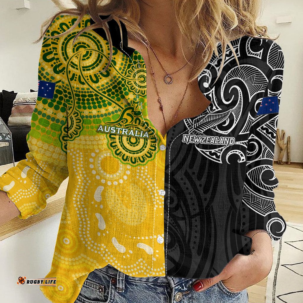 Personalised Australia Rugby Mix New Zealands Rugby Women Casual Shirt Indigenous Half-Half Style