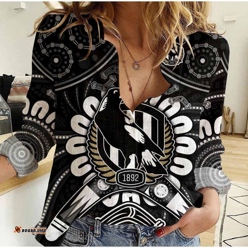 Custom Personalised Magpies Football Women Casual Shirt Boomerang Indigenous Dots