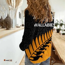 Australia Wallabies and Aotearoa Rugby Women Casual Shirt Kangaroo Black Fern Maori Gold Vibe