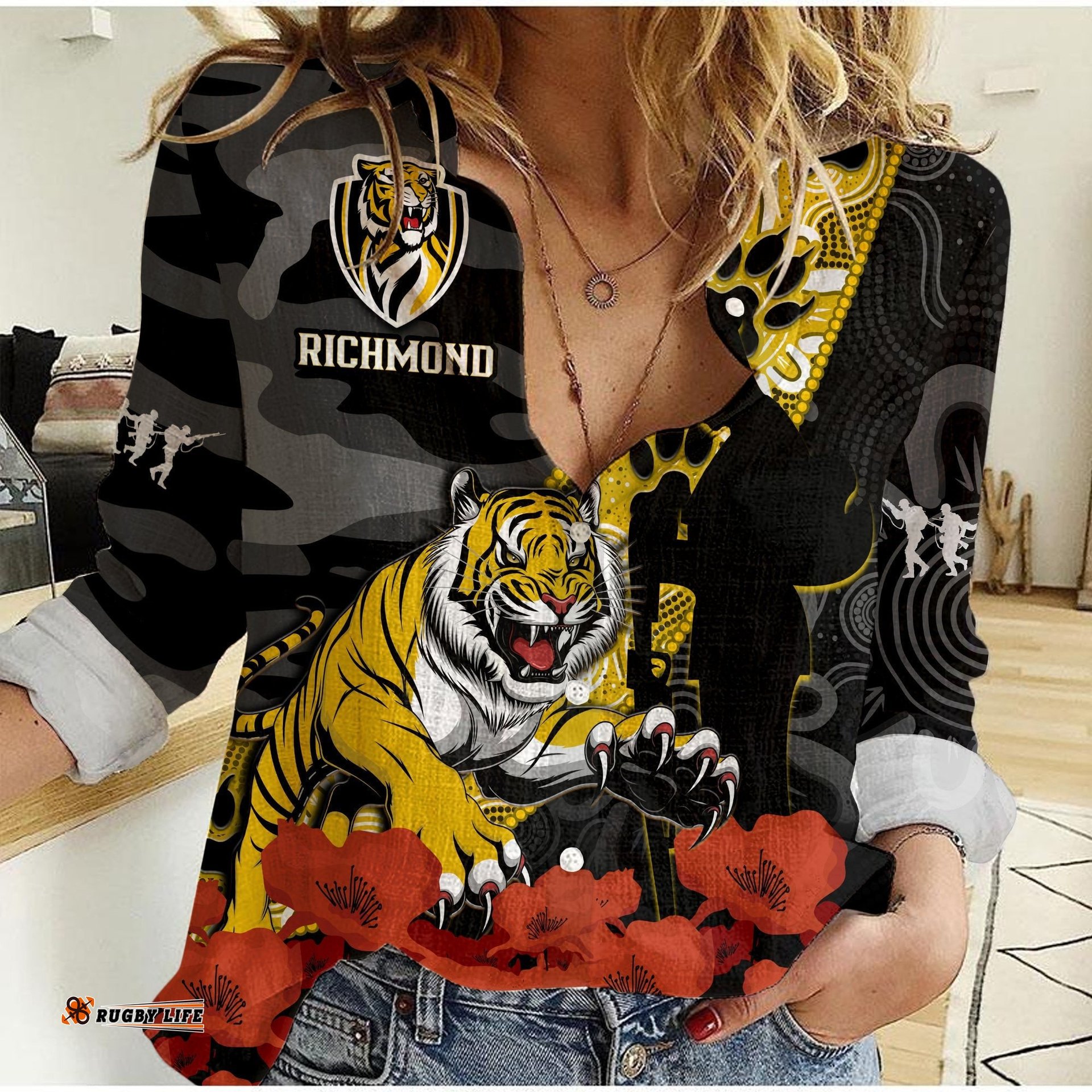 Richmond Football ANZAC 2023 Women Casual Shirt Tigers Aboriginal Mix Poppy Camouflage
