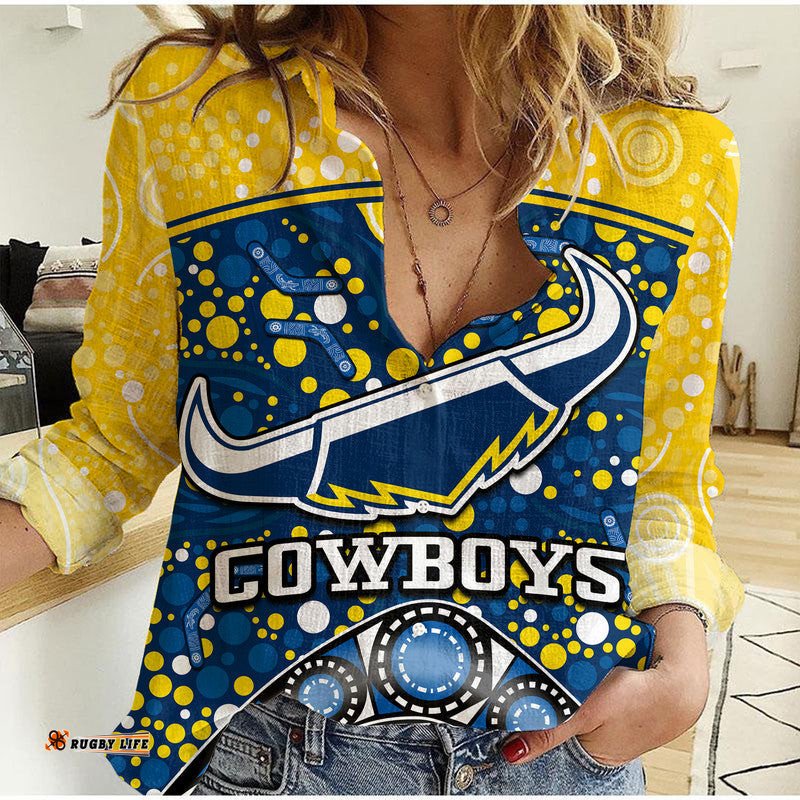 Cowboys Rugby Women Casual Shirt Boomerang Indigenous Dots