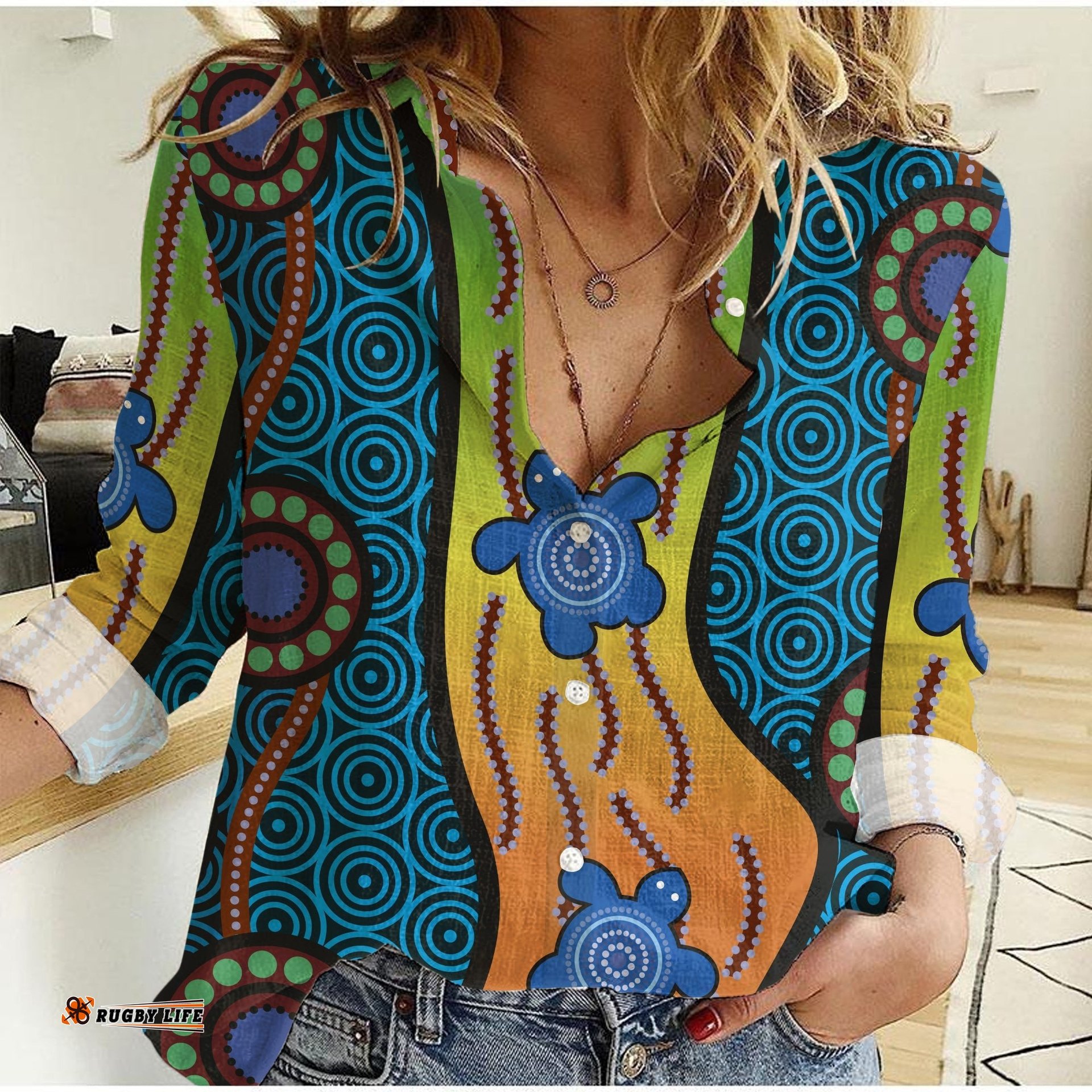 Women Casual Shirt Aboriginal Turtle Ver.01