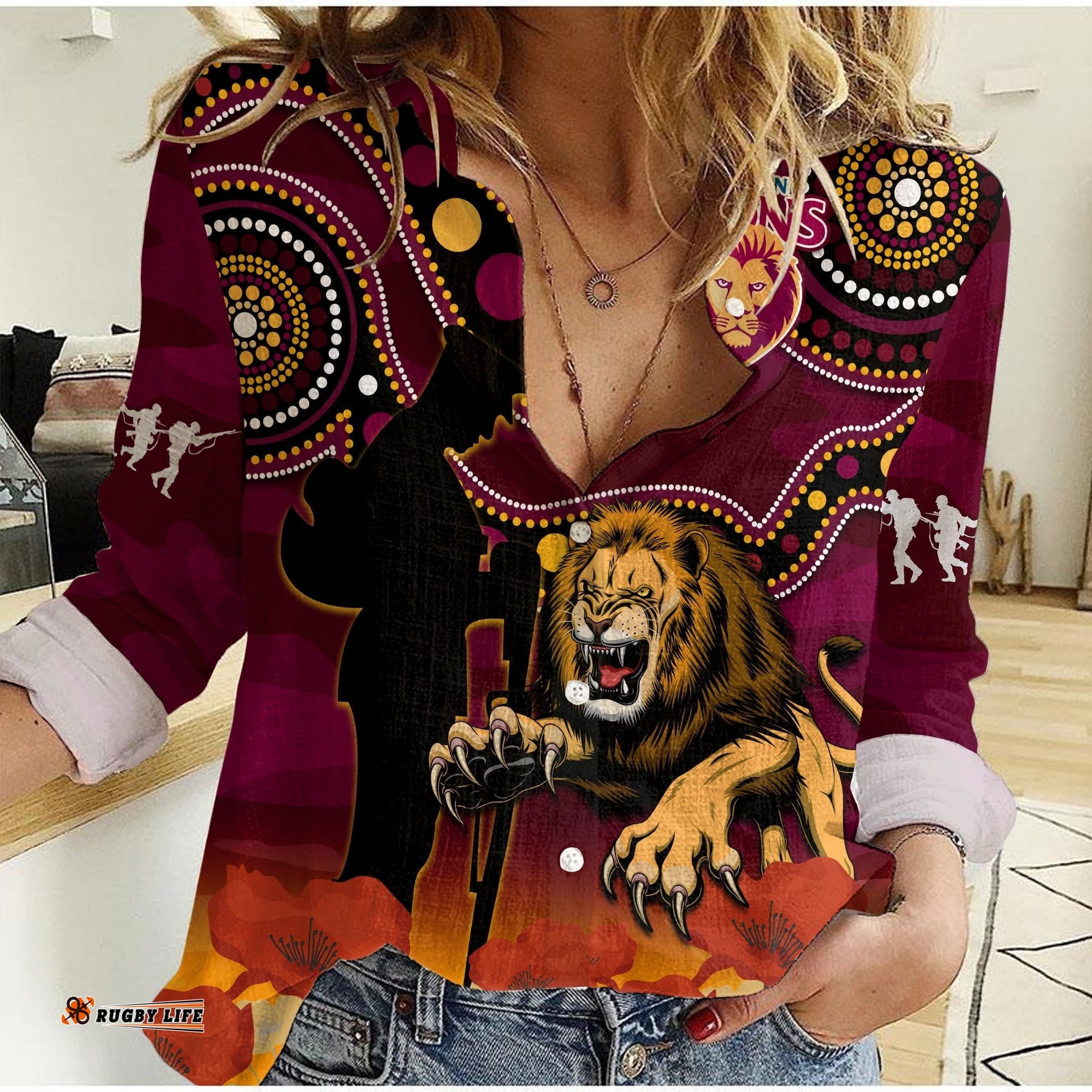 Brisbane Lions Football ANZAC 2023 Women Casual Shirt Aboriginal Mix Poppy Camouflage