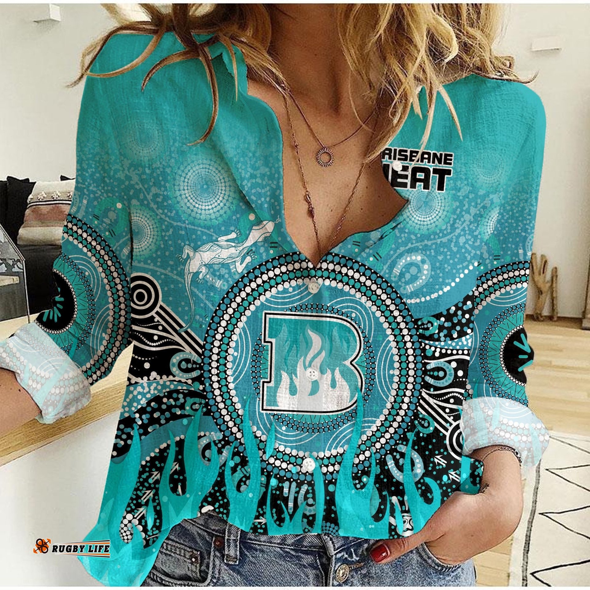 Custom Text and Number Brisbane Heat Women Casual Shirt Aboriginal Dot Fire Australia Cricket