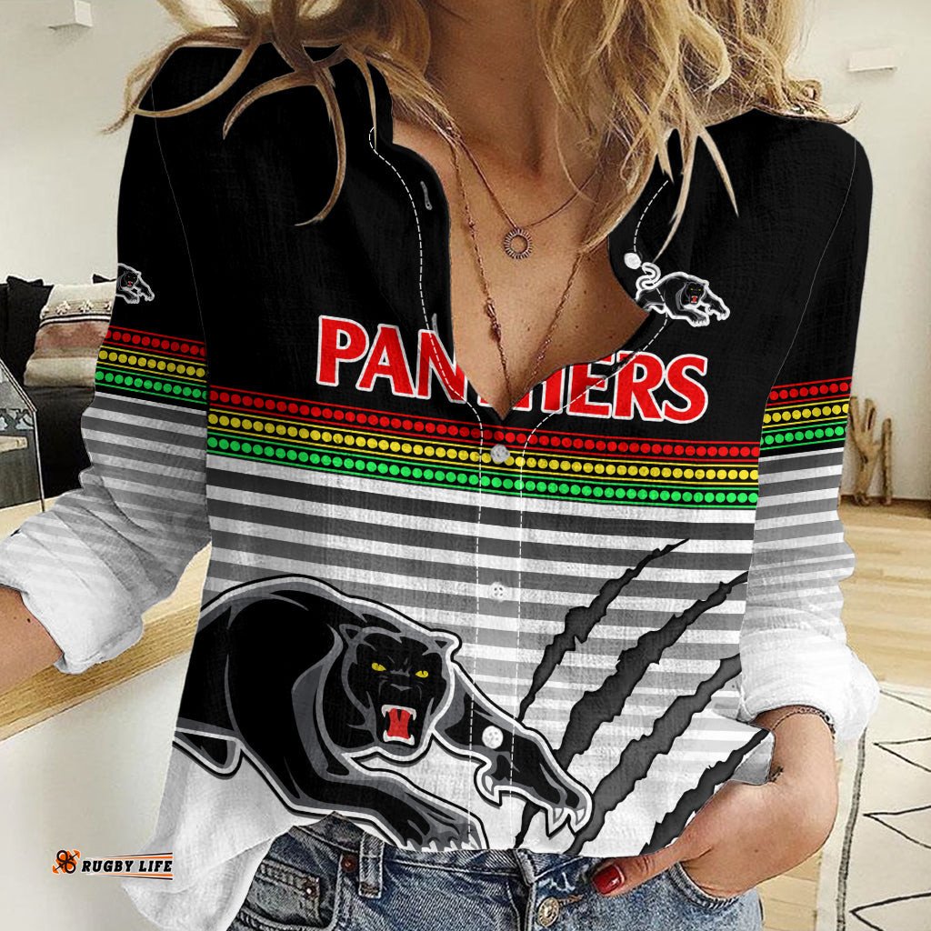 Custom Text And Number Penrith Panthers Rugby Women Casual Shirt Authentic Permiers Black Version 2023